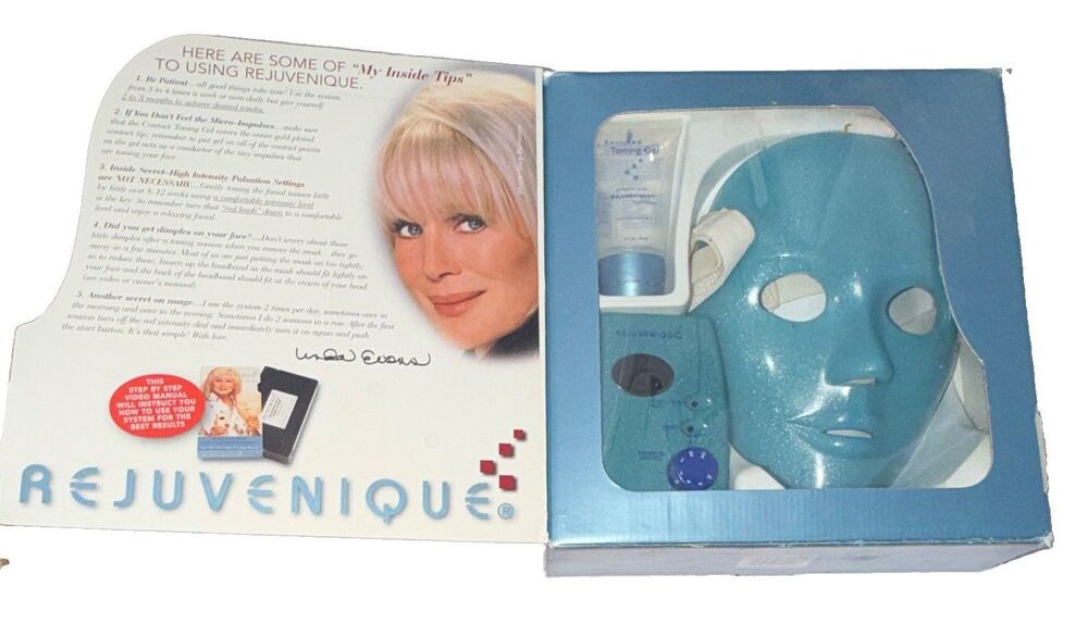 Rejuvenique Facial Toning Device Blue/White Mask Kit w Gel, Adjustable, 10 Speed